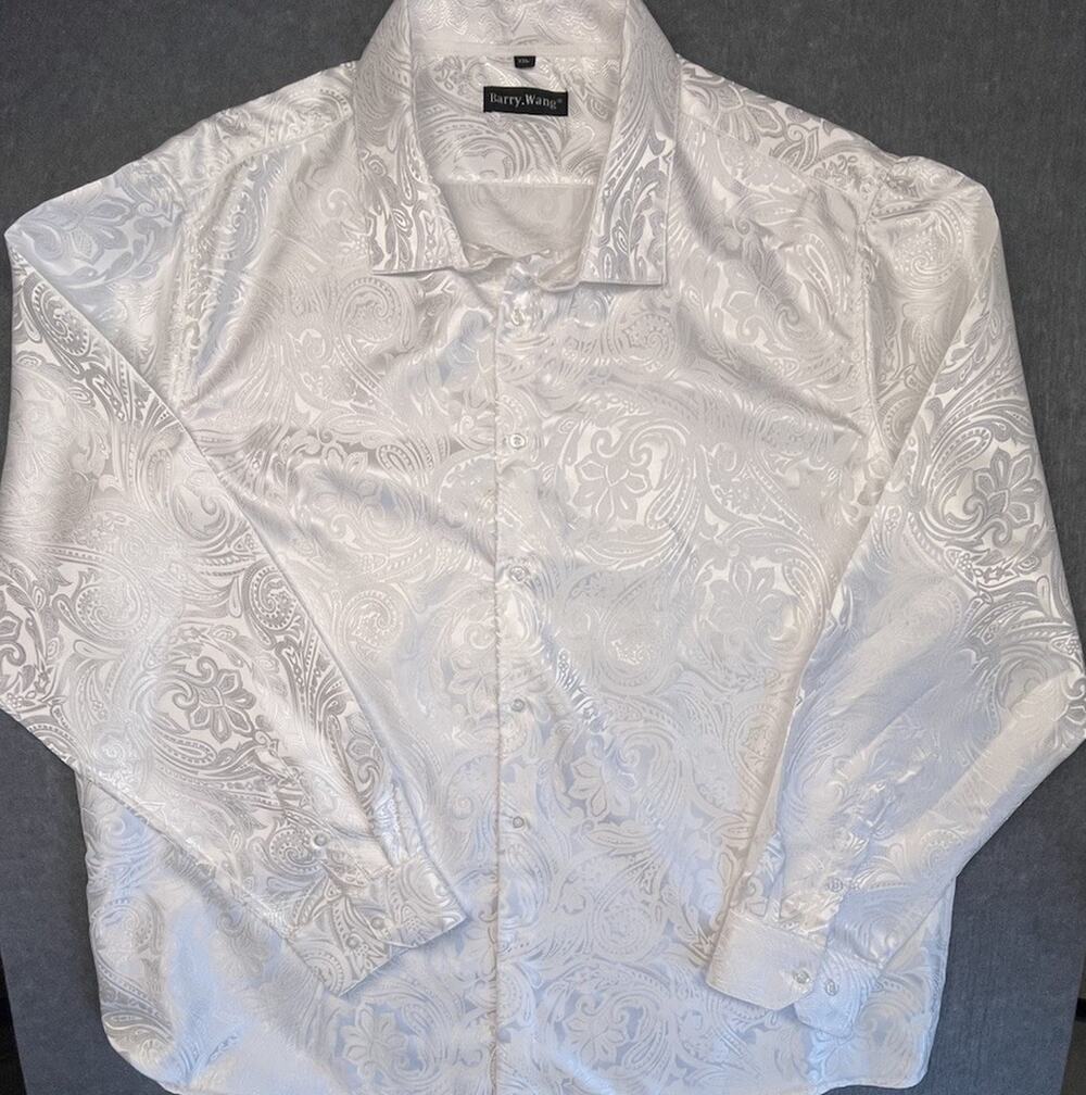 NWOT Barry Wang Mens XXL White Paisley Jacquard 80% Silk Long Sleeve Dress Shirt